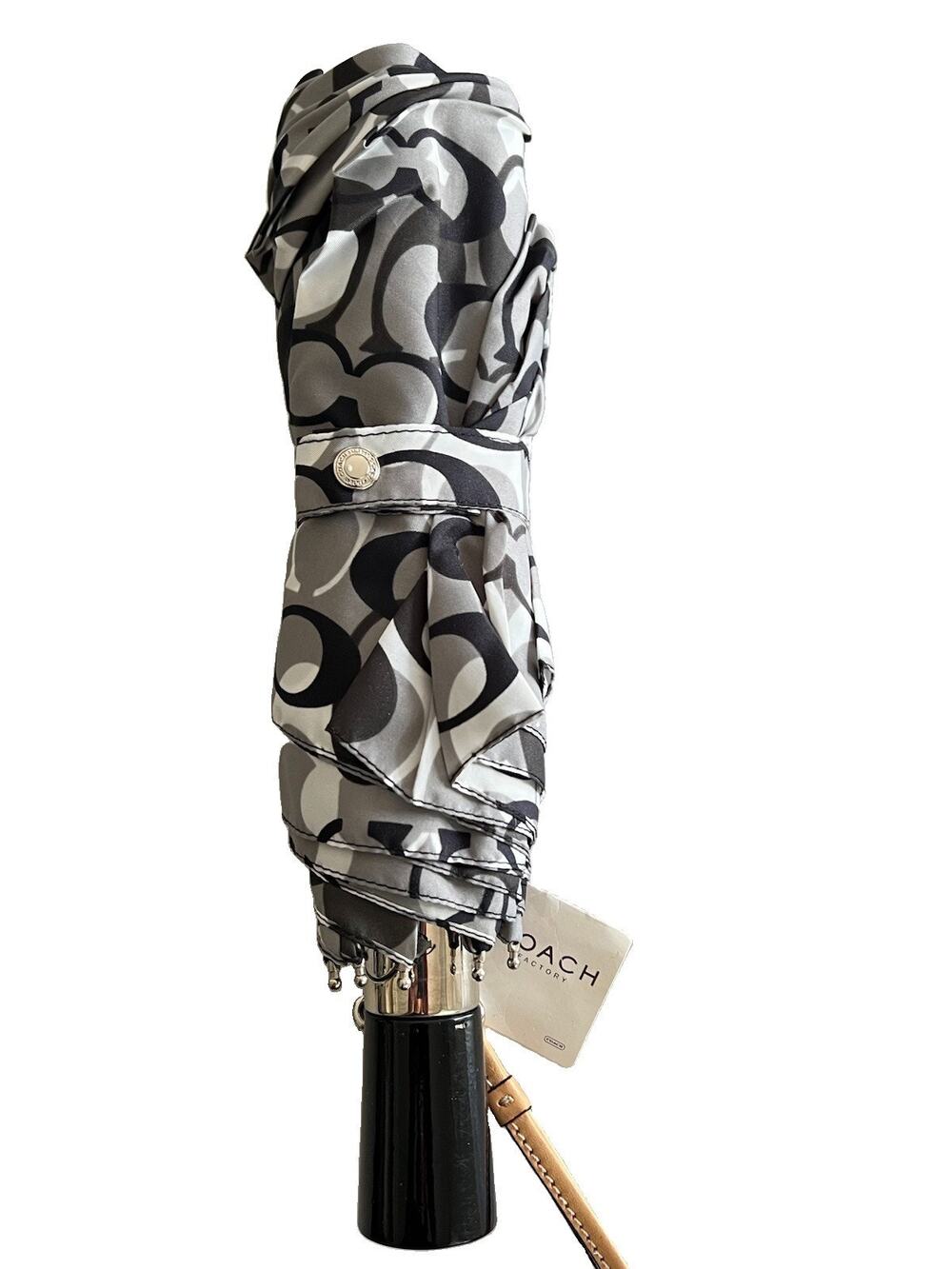 COACH Signature C Logo Compact Umbrella Gray Black White NWT